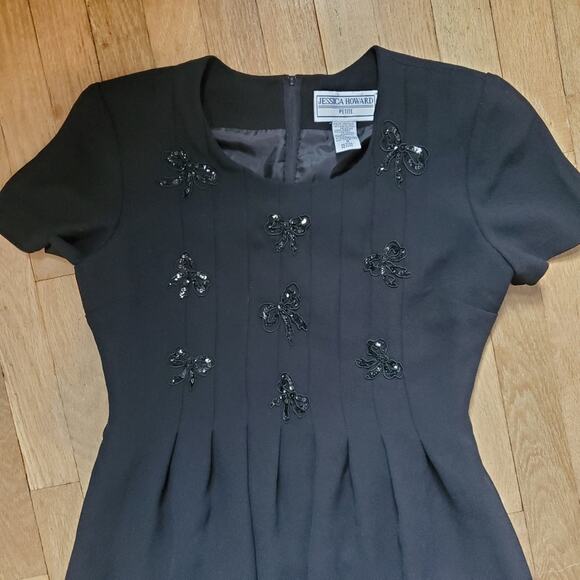 Vintage 80s 90s Short Sleeve A Line Midi Dress Black Bow Gothic Twee Whimsygoth - Picture 7 of 7